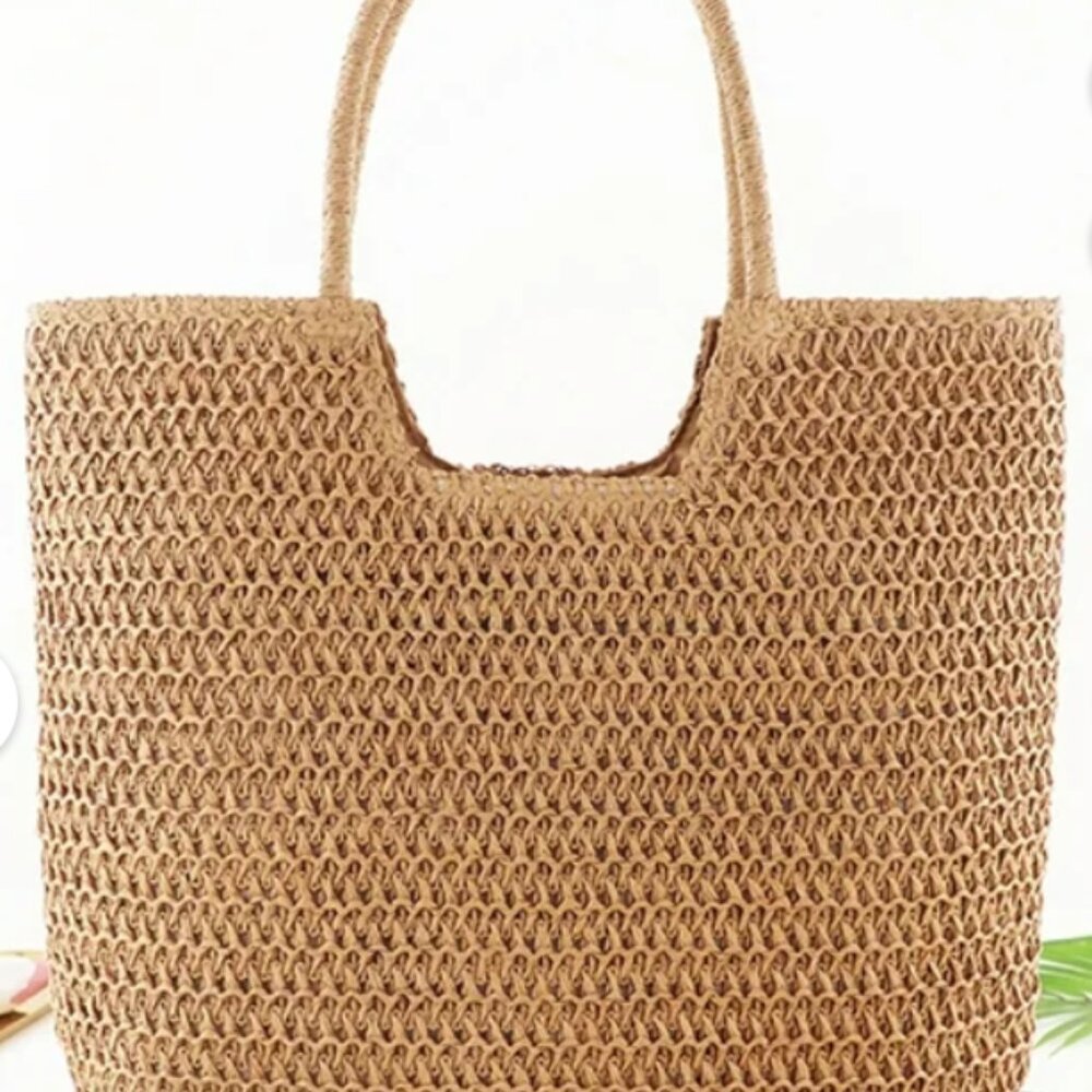Straw Women Straw Woven Summer Beach Handbag Fashion Tote Shopping Bags (Brown).